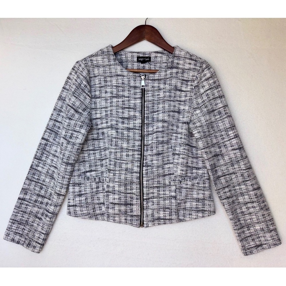 MESSINI Tweed Blazer Jacket Professional Black Plaid Women's Office Work Medium